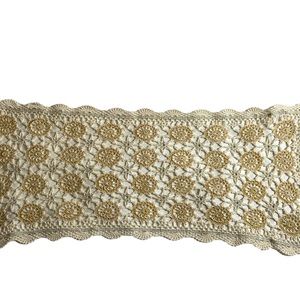 Vintage Handpainted Crocheted Table Runner In Gold & Silver For The Holidays
